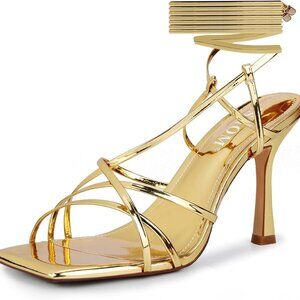 Women’s Lace Up Sandals Gold Square Toe Stiletto Heels for Parties & Weddings
